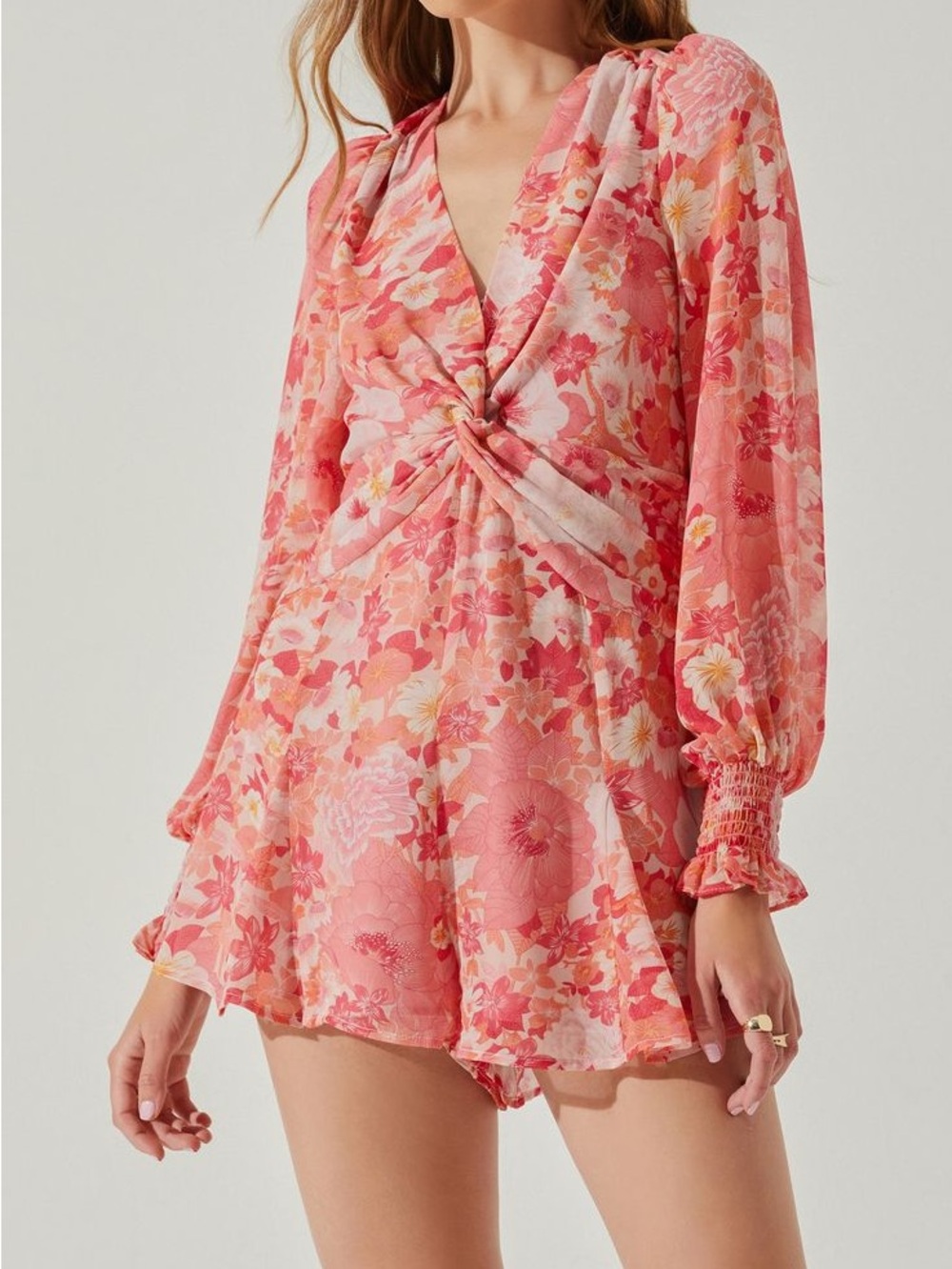Astr Floral Open Back Long Sleeve Chiffon Romper